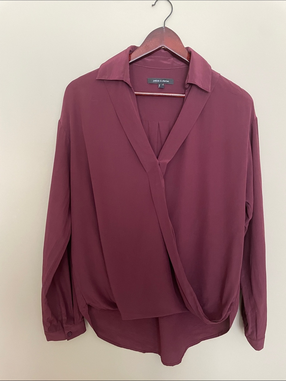 Judith & Charles 100% silk Wrap-Style Surplice Blouse in Wine